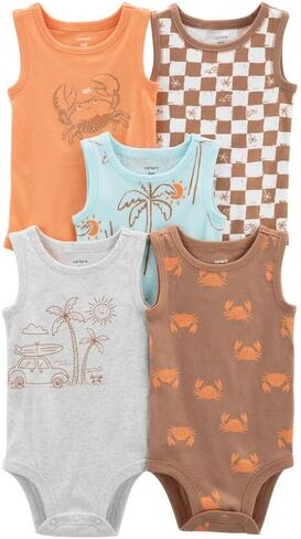 Carter's Baby Boys' 5-Pack Original Bodysuits, Sleeveless (12 Months, Orange Beach Crab Tanks) in Kuwait