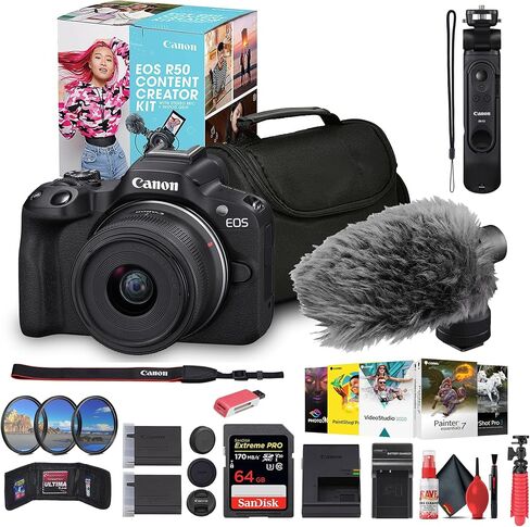 Canon EOS R50 Content Creator Kit with 18-45mm Lens | Mirrorless Camera with Mic, Tripod & Flip Screen (Black) + 64GB Card + Filter Kit + Photo Software + Bag + LPE17 Battery + Card Reader + More in Kuwait