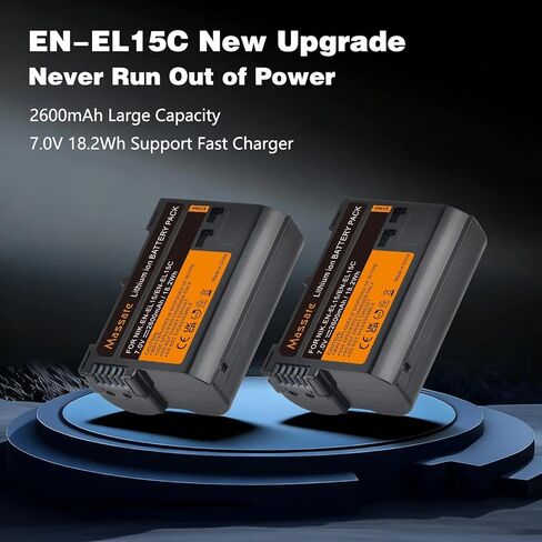 2-Pack 2600mAh EN-EL15c EN-EL15 Battery & LED PD20W Fast Charger—Full Power 2.5Hrs, for Nikon D500 D600 D610 D750 D800 D800e D810 D810a D850 D7000 D7100 D7200 D7500, Z5 Z6 Z6II Z7 Z7II Z8, 1V1 in Kuwait