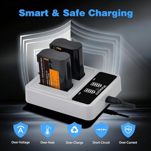 2-Pack 2600mAh EN-EL15c EN-EL15 Battery & LED PD20W Fast Charger—Full Power 2.5Hrs, for Nikon D500 D600 D610 D750 D800 D800e D810 D810a D850 D7000 D7100 D7200 D7500, Z5 Z6 Z6II Z7 Z7II Z8, 1V1 in Kuwait