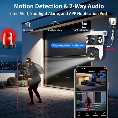 Luovisee Dual Lens Security Camera Outdoor/Indoor,Wired Camera for Home Security for Plug-in 24/7 Continuous Recording,360° View Pan/Tilt,Siren Alarm,Two Way Audio,2.4GHz Wi-Fi in Kuwait