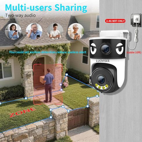 Luovisee Dual Lens Security Camera Outdoor/Indoor,Wired Camera for Home Security for Plug-in 24/7 Continuous Recording,360° View Pan/Tilt,Siren Alarm,Two Way Audio,2.4GHz Wi-Fi in Kuwait