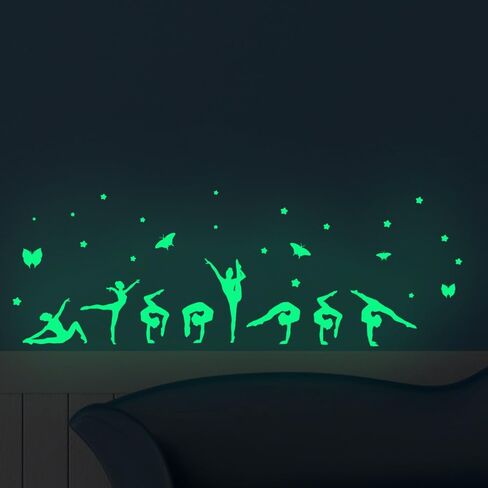 Glow in the Dark Gymnastics Wall Stickers for Girls - 2 Sets 16 PCS PET Luminous Wall Decals, Kids Room Decor Stickers for Wall/Window/Door/Water Bottle, Cartoon Gymnast Stickers with Butterfly in Kuwait