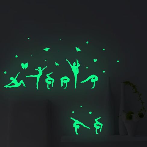 Glow in the Dark Gymnastics Wall Stickers for Girls - 2 Sets 16 PCS PET Luminous Wall Decals, Kids Room Decor Stickers for Wall/Window/Door/Water Bottle, Cartoon Gymnast Stickers with Butterfly in Kuwait