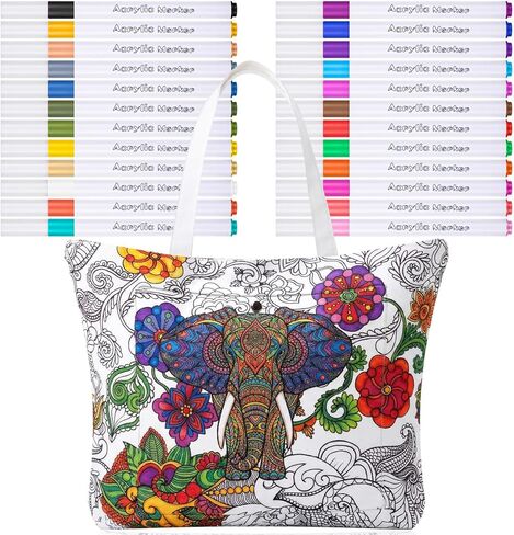 Mindsoft Color Your Own Tote Bag for Adults Craft Kits مع 24 قلم أكريليك ملون حقيبة مكياج DIY مجموعة فنية للرسم للنساء، 17.7 × 13.3 × 3.9 بوصة (الربيع) in Saudi Arabia