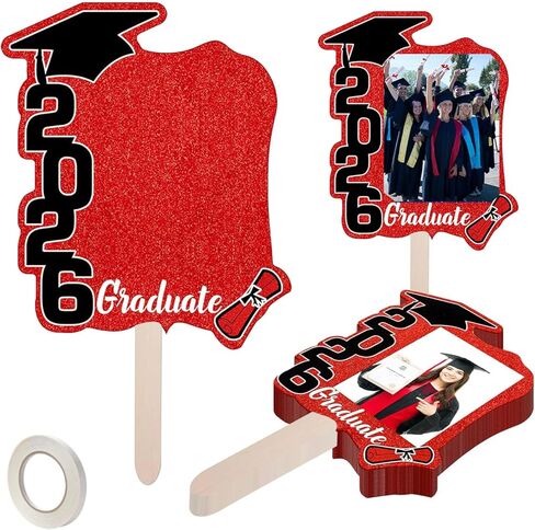 Class of 2026 Graduation Fans with Photo Frames,Double Sided Sparkle Plastic Grad Picture Props with Red Tassels, Gold Black DIY Face Cutouts for Ceremony Party Decor Supplies (D,12) in Saudi Arabia