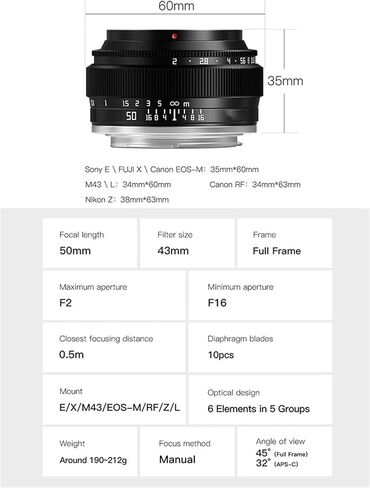 عدسة، متوافقة مع عدسة Sony E-Mount 50 مم F2 ذات الإطار الكامل للتركيز اليدوي A7RIII RP Z5 FP EPL9(XF) in Kuwait