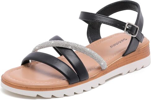 Saidoteto Women’s Comfortable Flat Sandals, Rhinestone Strappy Open Toe Walking Sandals with Ankle Strap, Cushioned Low Wedge Non-Slip Summer Casual Dressy Sandals in Kuwait