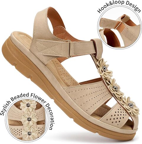 صنادل نسائية مسطحة أنيقة: مريحة بحزام الكاحل ومقدمة مغلقة صندل صيفي مسطح على شكل زهرة صندل كاجوال للصيادين في الهواء الطلق أحذية المشي مقاس 7 in Kuwait