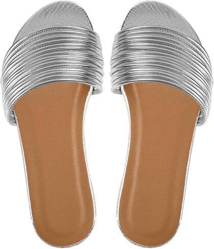 Sksshion Women's Strappy Single Bands Metallic Sandals Slip On Flat | Open Toe Summer Beach Slides,TPR Anti-Slip Sole, Great Choice for Party, Date, or Wedding, Leather Material in Saudi Arabia