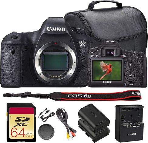 حزمة كاميرا Canon EOS 6D DSLR | مستشعر كامل الإطار بدقة 20.2 ميجابكسل، DIGIC 5+، شبكة Wi-Fi مدمجة ونظام تحديد المواقع العالمي (GPS) مع نظام التركيز البؤري التلقائي من 11 نقطة | رائع لصور السفر والمناظر الطبيعية (8035B002) + بطاقة سعة 64 جيجابايت + حقيبة ك in Kuwait