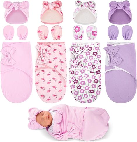 Ramede 4 Set Preemie Swaddle Blanket with Hats & Mittens, Preemie Swaddle Set for Baby Adjustable Infant Outfit Newborn Gift(Sweet Style) in Kuwait
