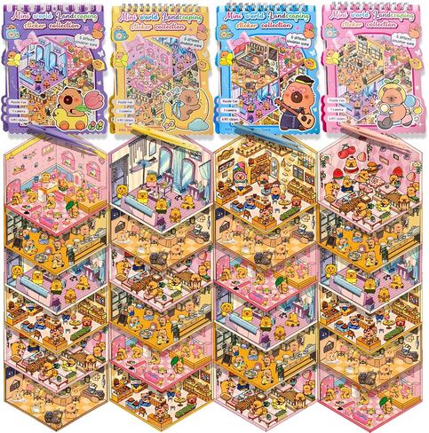 Sticker Book Cute Shaped 3D Scene Craft Set, 4 Colorful Covers with 6 Reusable Waterproof PET Sticker Scenes Each, Fun Creative Gift for Kids in Saudi Arabia