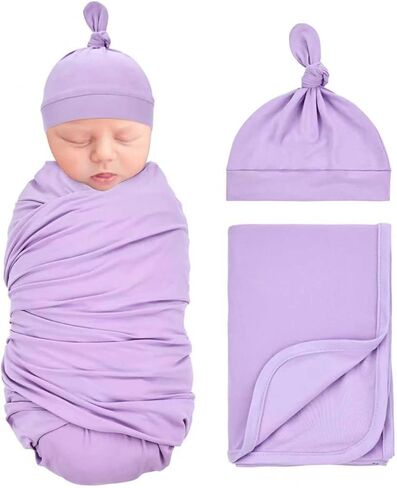 Dizila 2pcs Soft Stretchy Nursery Baby Girl Boy Newborn Receiving Swaddle Blanket with Matching Turban Hat Beanie (Army Green) in Saudi Arabia