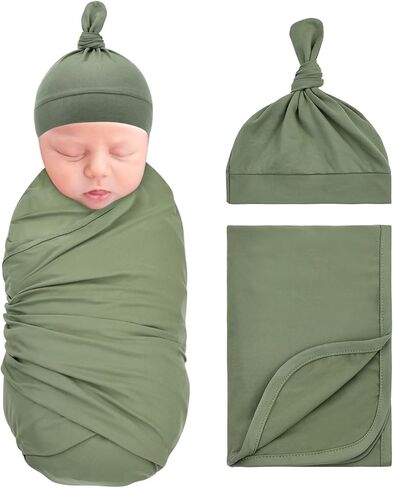 Dizila 2pcs Soft Stretchy Nursery Baby Girl Boy Newborn Receiving Swaddle Blanket with Matching Turban Hat Beanie (Army Green) in Saudi Arabia
