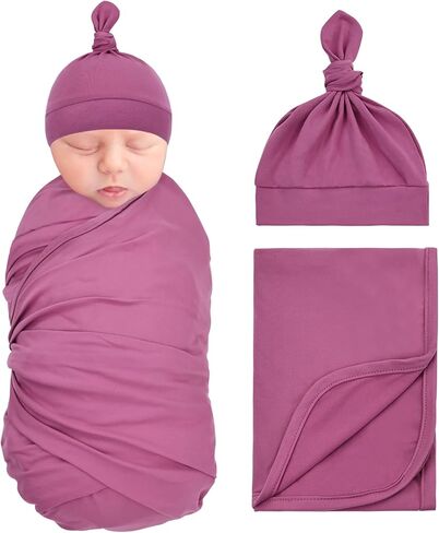 Dizila 2pcs Soft Stretchy Nursery Baby Girl Boy Newborn Receiving Swaddle Blanket with Matching Turban Hat Beanie (Army Green) in Saudi Arabia