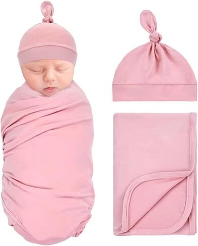 Dizila 2pcs Soft Stretchy Nursery Baby Girl Boy Newborn Receiving Swaddle Blanket with Matching Turban Hat Beanie (Army Green) in Saudi Arabia