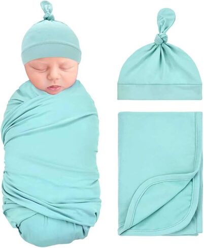 Dizila 2pcs Soft Stretchy Nursery Baby Girl Boy Newborn Receiving Swaddle Blanket with Matching Turban Hat Beanie (Army Green) in Saudi Arabia