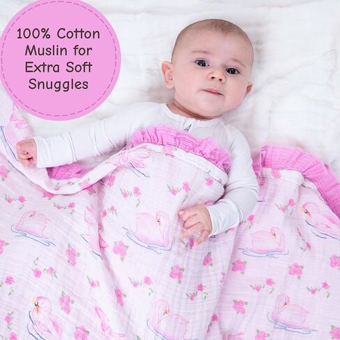 LollyBanks Baby Girl Blankets, 100% Organic Cotton Infant Muslin Blankets, Lightweight 40 x 36 Inches Crib Blankets for Toddlers, Gentle Ruffle Infant Quilt, Newborn Essentials (Pink Farm Print) in Kuwait