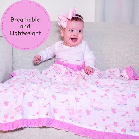 LollyBanks Baby Girl Blankets, 100% Organic Cotton Infant Muslin Blankets, Lightweight 40 x 36 Inches Crib Blankets for Toddlers, Gentle Ruffle Infant Quilt, Newborn Essentials (Pink Farm Print) in Kuwait