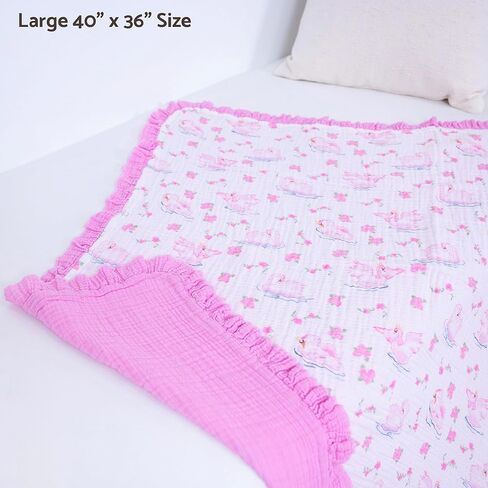 LollyBanks Baby Girl Blankets, 100% Organic Cotton Infant Muslin Blankets, Lightweight 40 x 36 Inches Crib Blankets for Toddlers, Gentle Ruffle Infant Quilt, Newborn Essentials (Pink Farm Print) in Kuwait