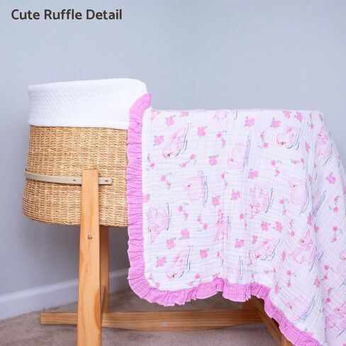 LollyBanks Baby Girl Blankets, 100% Organic Cotton Infant Muslin Blankets, Lightweight 40 x 36 Inches Crib Blankets for Toddlers, Gentle Ruffle Infant Quilt, Newborn Essentials (Pink Farm Print) in Kuwait