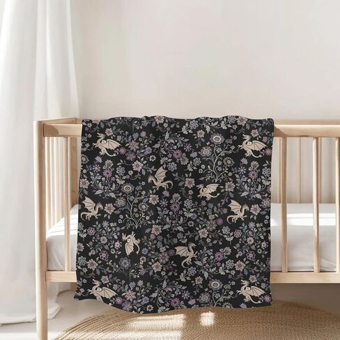 Fantasy Floral Dragons Baby Blankets for Boy Girl Fairytale Dragon Gothic Black Purple Flowers Soft Flannel Nursery Bed Blankets for Infant Toddler Crib Stroller Swaddle Receiving Blanket 30x40inch in Saudi Arabia