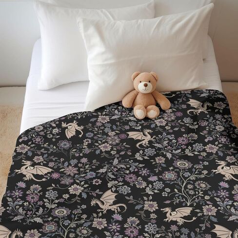 Fantasy Floral Dragons Baby Blankets for Boy Girl Fairytale Dragon Gothic Black Purple Flowers Soft Flannel Nursery Bed Blankets for Infant Toddler Crib Stroller Swaddle Receiving Blanket 30x40inch in Saudi Arabia