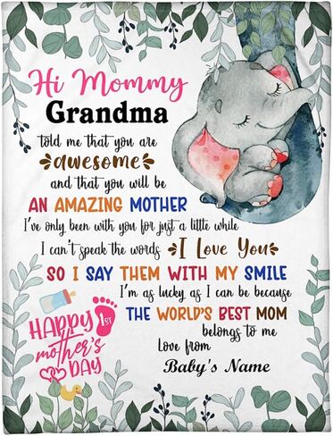Personalized Elephant Hi Mommy Grandma Told Me That You are Awesome Blanket Happy First Mother Day Funny Gifts for New First Mom to Be from Bumb Baby Custom Name Blanket in Kuwait