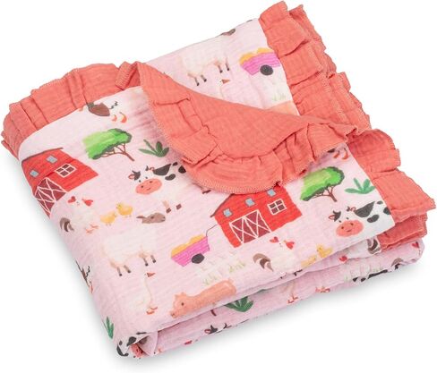 LollyBanks Baby Girl Blankets, 100% Organic Cotton Infant Muslin Blankets, Lightweight 40 x 36 Inches Crib Blankets for Toddlers, Gentle Ruffle Infant Quilt, Newborn Essentials (Pink Farm Print) in Kuwait