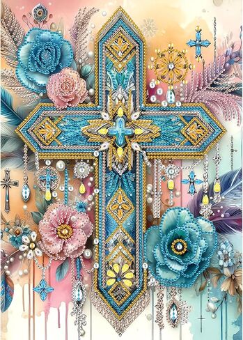 Focart Diamond Painting Kits for Adults, Diamond Art Desk Wall Decorations, Rose Cross Pattern Design Special Shape Diamond Art Partial Mosaic Craft Kits in Saudi Arabia