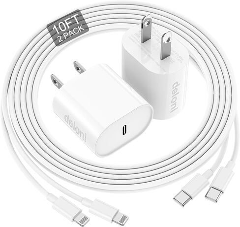 شاحن سريع، [معتمد من MFi] كابل USB C إلى Lightning بطول 10 أقدام مع كتلة شحن سريعة لهاتف iPhone بقدرة 20 وات، محول لهاتف iPhone 14 13 12 11 Pro/Mini/Pro Max/X/8/iPad، عبوتان in Kuwait