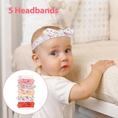 5 Pack Baby Girls Bows Headbands, Soft Polyester Hairbands Handmade Newborn Infant Toddler Hair Accessories Elastic Knot Hairbands with Hair Bows in Kuwait
