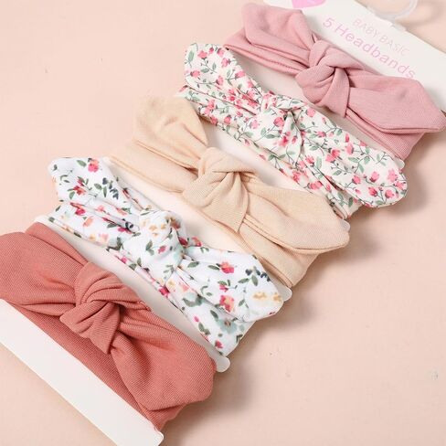 5 Pack Baby Girls Bows Headbands, Soft Polyester Hairbands Handmade Newborn Infant Toddler Hair Accessories Elastic Knot Hairbands with Hair Bows in Kuwait