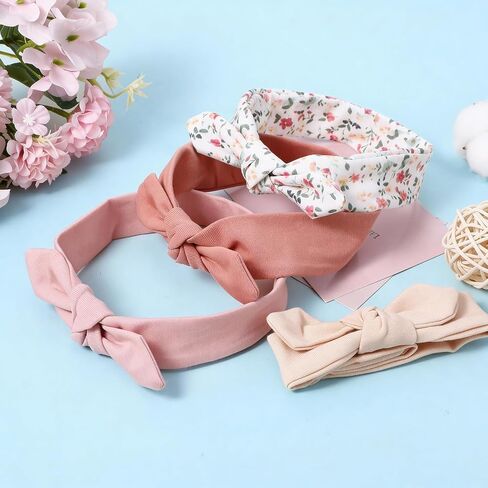 5 Pack Baby Girls Bows Headbands, Soft Polyester Hairbands Handmade Newborn Infant Toddler Hair Accessories Elastic Knot Hairbands with Hair Bows in Kuwait