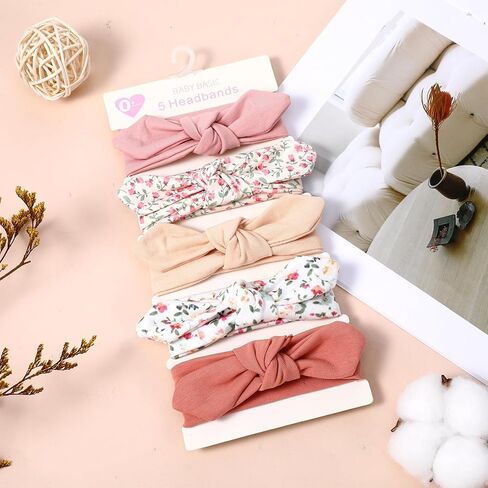 5 Pack Baby Girls Bows Headbands, Soft Polyester Hairbands Handmade Newborn Infant Toddler Hair Accessories Elastic Knot Hairbands with Hair Bows in Kuwait