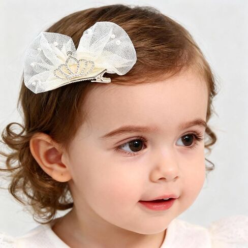 Baby Girls Toddlers Handmade Lace Bow Hair Clips Non-Tug No Scratch Breathable Smooth Metal Clips Pearl Accent Head Accessories Birthday Christenings Gifts Photoshoots (White Pearls, Medium) in Saudi Arabia
