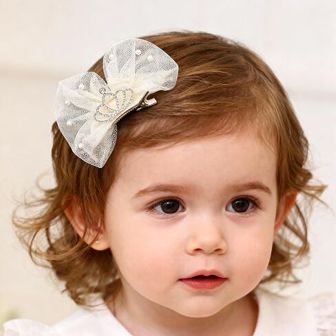 Baby Girls Toddlers Handmade Lace Bow Hair Clips Non-Tug No Scratch Breathable Smooth Metal Clips Pearl Accent Head Accessories Birthday Christenings Gifts Photoshoots (White Pearls, Medium) in Saudi Arabia