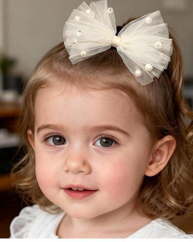 Baby Girls Toddlers Handmade Lace Bow Hair Clips Non-Tug No Scratch Breathable Smooth Metal Clips Pearl Accent Head Accessories Birthday Christenings Gifts Photoshoots (White Pearls, Medium) in Saudi Arabia