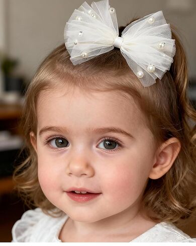 Baby Girls Toddlers Handmade Lace Bow Hair Clips Non-Tug No Scratch Breathable Smooth Metal Clips Pearl Accent Head Accessories Birthday Christenings Gifts Photoshoots (White Pearls, Medium) in Saudi Arabia