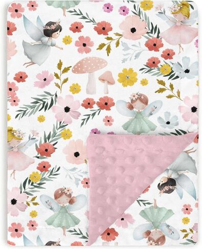 Dirty Pink Baby Blankets for Girl 30 x 40, Soft Double Layer Minky Blanket with Dotted Fleece Back, Nursery Bed Receiving Quilt Newborn Toddler Shower Gift Fairy Garden Floral Mushroom Theme in Saudi Arabia