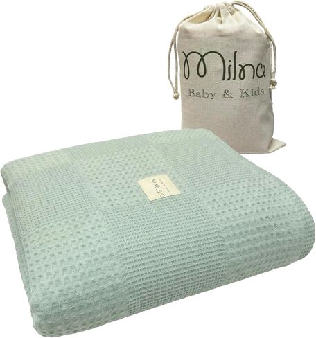 Milna Baby 100% Cotton Waffle Blanket for Boys & Girls, 100x120 cm Breathable Muslin Baby Blanket for Crib, Stroller & Swaddle, Soft Lightweight Toddler Receiving Blanket, (Mint) in Kuwait