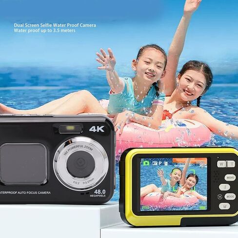Yunseity 4K Water Proof Camera, 48MP UHD Dual Screen Selfie 16X Zoom Autofocus 3.5M Underwater Camera with 256GB SD Card Support, for Diving Snorkeling Swimming (Black) in Kuwait