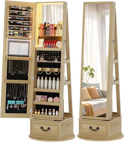 Vlsrka 360° Swivel Jewelry Mirror Cabinet with Lights, Standing Jewelry Armoire Organizer Rotatable Full Length Mirror with Jewelry Storage, Lockable with Rear Storage Shelves, Built-in Makeup Mirror in Kuwait