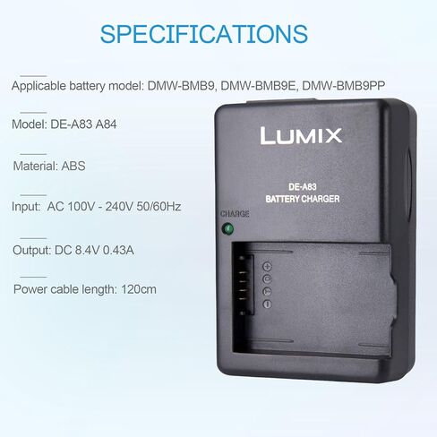 DE-A83 DMW-BMB9 Battery Charger for Panasonic DE-A84 Charger Lumix DC-FZ80, DC-FZ80D, DMC-FZ40K, DMC-FZ45K, DMC-FZ47K, DMC-FZ48K, DMC-FZ60, DMC-FZ70, DMC-FZ100, DMC-FZ15 Cameras & 120cm AC Cord in Kuwait