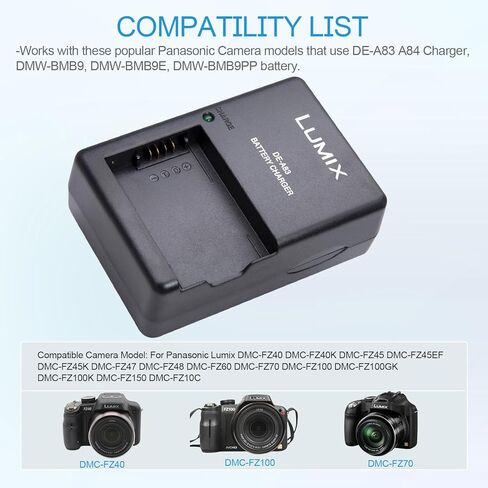 DE-A83 DMW-BMB9 Battery Charger for Panasonic DE-A84 Charger Lumix DC-FZ80, DC-FZ80D, DMC-FZ40K, DMC-FZ45K, DMC-FZ47K, DMC-FZ48K, DMC-FZ60, DMC-FZ70, DMC-FZ100, DMC-FZ15 Cameras & 120cm AC Cord in Kuwait