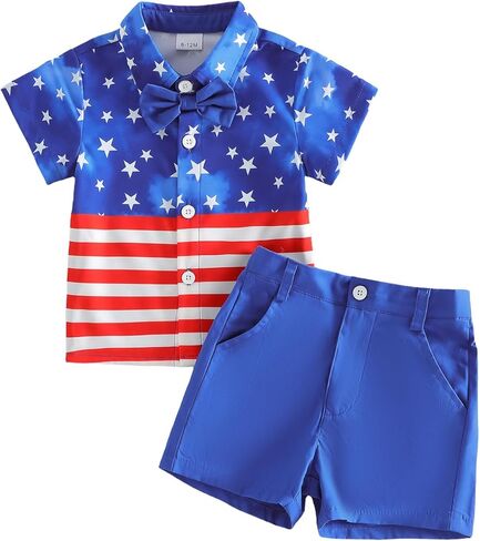 4Th of July Baby Boy Outfit Bow Tie Short Sleeve Toddler Shirts Pocket Shorts Summer Clothes Boys Suit in Saudi Arabia