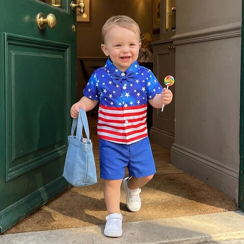4Th of July Baby Boy Outfit Bow Tie Short Sleeve Toddler Shirts Pocket Shorts Summer Clothes Boys Suit in Saudi Arabia