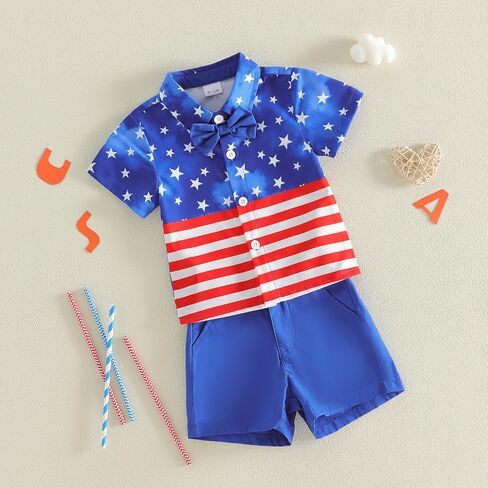 4Th of July Baby Boy Outfit Bow Tie Short Sleeve Toddler Shirts Pocket Shorts Summer Clothes Boys Suit in Saudi Arabia
