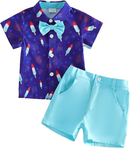 4Th of July Baby Boy Outfit Bow Tie Short Sleeve Toddler Shirts Pocket Shorts Summer Clothes Boys Suit in Saudi Arabia